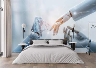 Two robotic hands reaching towards each other on a white background with white lines connecting them. Wall mural