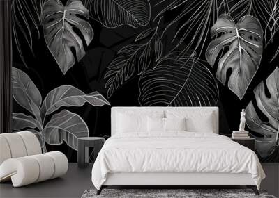 White outline tropical leaves on black background. Wall mural