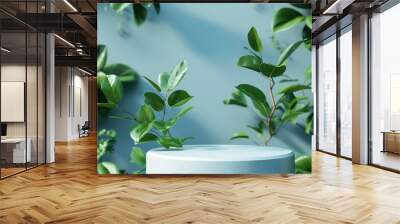 white podium with green leaves on blue wall background. Generative AI Wall mural