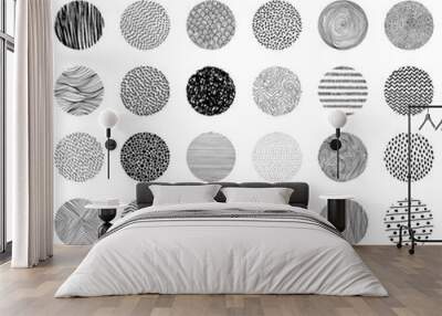 A large set of round textures drawn with marker on paper. Black and white seamless pattern. Cute print for textiles. Vector illustration. Wall mural