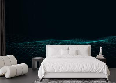 Abstract technology wave of particles. Big data visualization. Vector background with motion dots and lines. Artificial intelligence. Wall mural