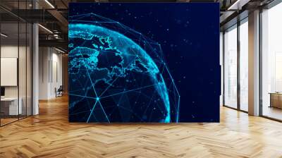 Virtual planet Earth with particles and lines. Network connection big data. Abstract technology background. 3D rendering. Wall mural