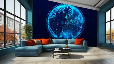 Virtual planet Earth with particles and lines. Network connection big data. Abstract technology background. 3D rendering. Wall mural