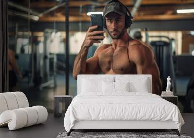 A young muscular handsome man with headphones takes a selfie in the gym Wall mural