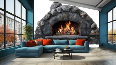 Arched stone pizza oven with active fire isolated on transparent background. Rustic outdoor cooking concept Wall mural