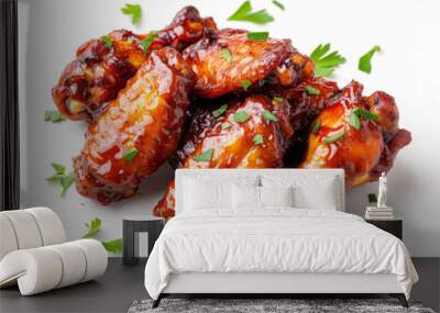 Barbecue chicken wings glazed in sauce, top-down view isolated on white background. Sticky and finger-licking good Labor Day weekend must-have concept for design Wall mural