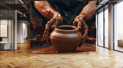 Close-up of hands forming clay pot on potter's wheel in craft studio Wall mural