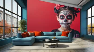 Girl with Day of Dead face painting and flower crown on red background. Banner, copy space. Halloween theme Wall mural