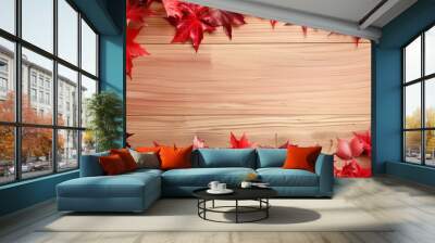 Red Autumn Maple Leaves Border on Wooden Background - Seasonal Fall Nature Frame Design Wall mural