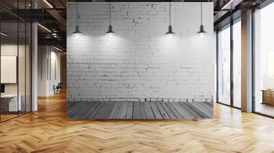 Three pendant lights hanging over wooden floor against white brick wall. Monochromatic interior design and template background with copy space Wall mural