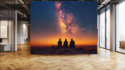 Three people observing the Milky Way on a desert hill at twilight. Stargazing and cosmic wonder concept. Design for poster, wallpaper, and educational material. Wall mural