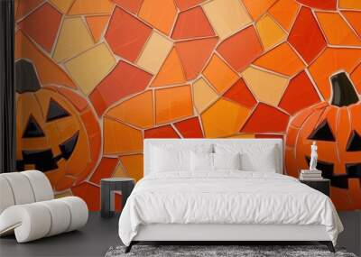 A mosaic of two pumpkins with black eyes and smiling faces Wall mural