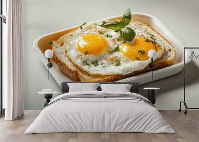 A plate of toast with two eggs and parsley on top Wall mural