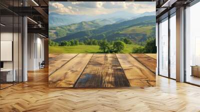 A polished wooden tabletop with a scenic view of rolling green hills Wall mural