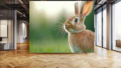 A rabbit is standing in a grassy field, looking up at the camera Wall mural