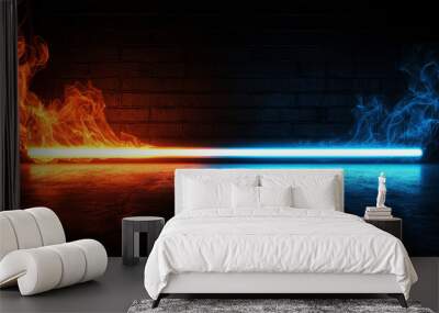 A wall with two blue and red lights that are lit up Wall mural