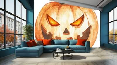 A watercolor painting of a pumpkin with a scary face Wall mural