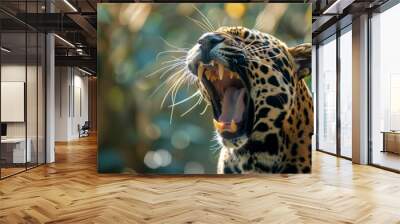 Close-up of a majestic leopard with its mouth open wide in a roaring gesture, showcasing its powerful teeth in a lush, vibrant jungle setting. Wall mural