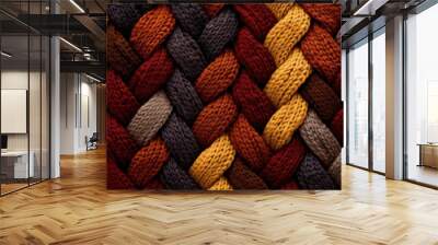 Close-up of colorful knitted texture with intertwined braids in warm autumn tones, creating a cozy and intricate pattern. Wall mural