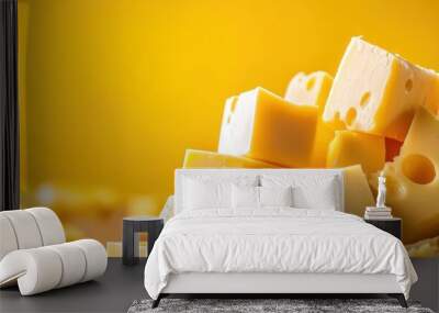 Close-Up View of Swiss Cheese Cubes on a Wooden Surface with Yellow Background Wall mural