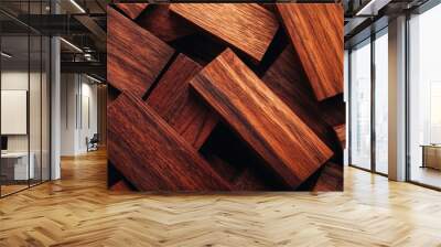 Closeup of Wooden Blocks With Rich Brown Grain Patterns in Geometric Overlapping Arrangement Wall mural