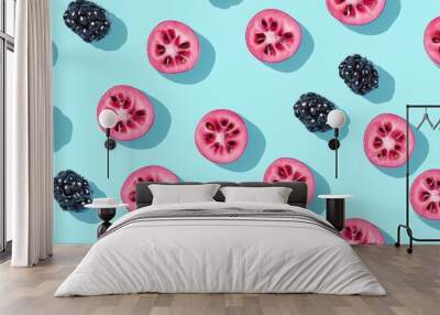 Colorful Fruit Arrangement on Blue Background Wall mural