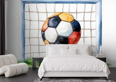 Colorful Soccer Ball in Goal Net on Green Grass Field Wall mural