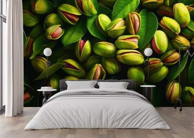 Fresh Green Pistachios with Leaves: A Close-Up View of Nature's Nutty Goodness Captured in Vivid Detail Wall mural