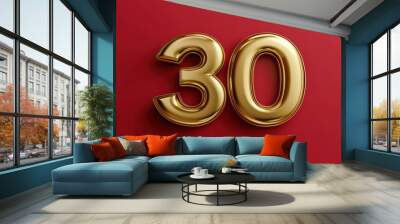 Golden Number 30 on a Red Background Wall mural