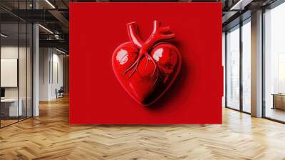 Photorealistic Red Heart Sculpture Symbolizing Love and Passion on Red Background Wall mural