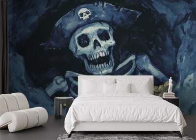 Skeleton Pirate Guarding Hidden Treasure In A Dark Cave With Glowing Gold Coins Wall mural