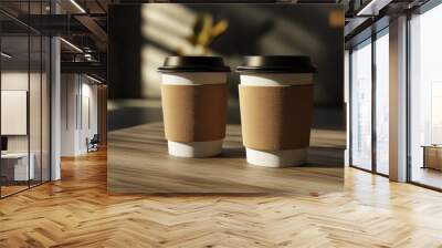 Two coffee cups with lids and a brown sleeve on a wooden table Wall mural