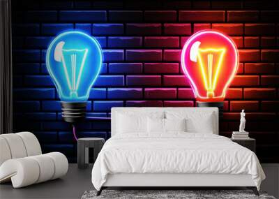 Two glowing light bulbs are connected to a wire, one blue and one red Wall mural