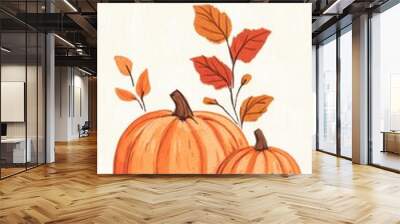 Two pumpkins with a smiling face and a leafy stem Wall mural