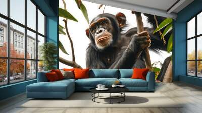 A chimpanzee sitting in a tropical tree with branches and leaves isolated on a white background Wall mural