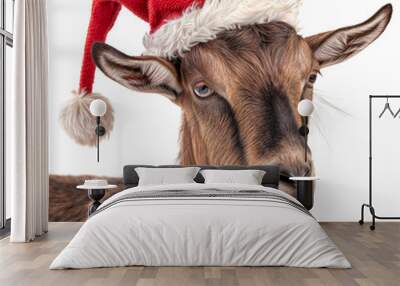 Adorable Brown Goat Wearing a Santa Hat Isolated on Transparent Background for Christmas and Holiday Themes Wall mural