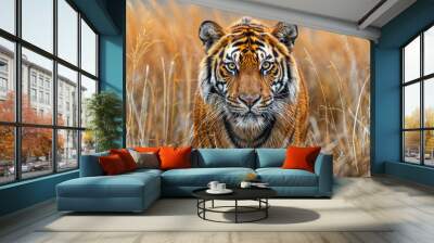 Bengal tiger is hiding in long dry grass Wall mural