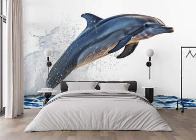 Bottlenose dolphin jumping out of the sea, water splashing over the surface, isolated on a transparent background Wall mural