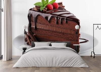 Closeup of a chocolate cake slice with delicious glaze and berries on a white plate isolated on transparent background Wall mural