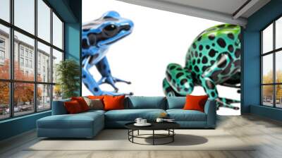 Collection of six poison dart frogs in different rainbow colours isolated on white background Wall mural