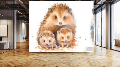 Collection of three watercolour paintings of hedgehogs isolated on white background as transparent PNG, generative AI animal clipart bundle Wall mural