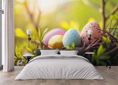 Colourful easter eggs lying in a nest in nature Wall mural