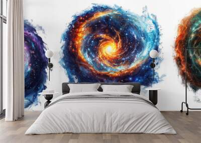 colourful watercolour style spiral galaxy collection, illustration bundle of three galactic star vortex isolated on a transparent background Wall mural