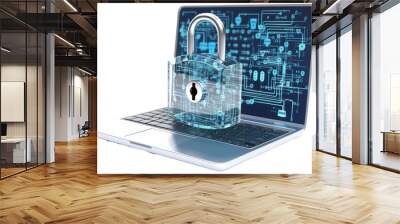 Digital padlock in front of a laptop computer as concept for cyber security and data protection, isolated on a white background, generative AI technology Wall mural