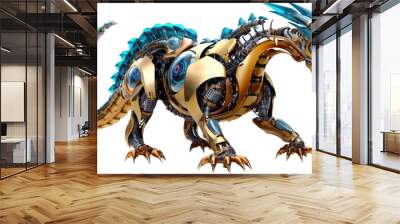 Golden robotic machine dragon as mechanical cyber animal isolated on a transparent background, generative AI technology Wall mural