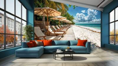 Luxurious Beachside Lounge Chairs and Umbrellas on a Pristine Tropical Beach Overlooking the Turquoise Ocean Wall mural