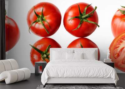 Red tomato set, closeup front view, top down view, whole vegetables and cut in half, isolated on a white background Wall mural