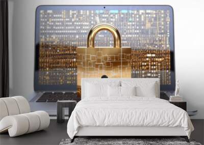 Set of three laptops with digital padlocks as a symbol for cyber security and data protection, isolated on a transparent background Wall mural