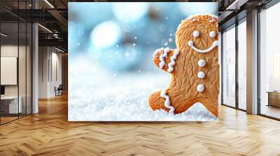 Smiling Gingerbread Man Cookie in a Snowy Winter Wonderland with Sparkling Snowflakes – Festive Christmas Dessert for Holiday Celebrations and Seasonal Baking Fun Wall mural