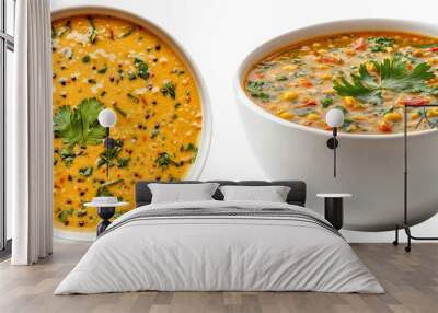 Top and side view of traditional Indian dal tadka with lentils, spices, and cilantro garnish served in white bowls, isolated on transparent background Wall mural